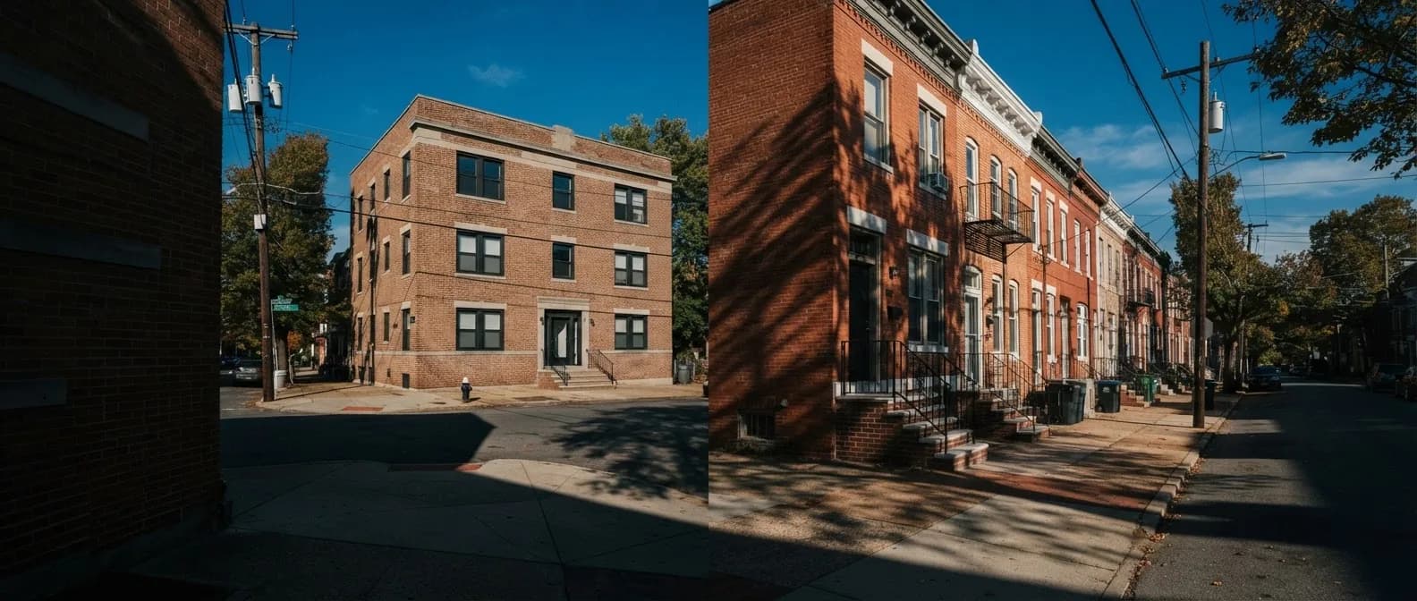 Side-by-side photographs of a brick apartment building and rowhouses in Baltimore