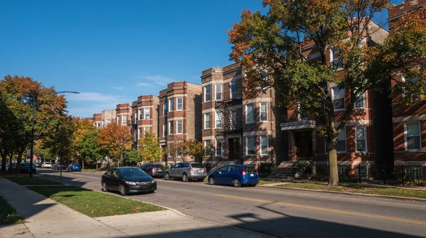Three-story brick six-flat apartment buildings on a tree-lined street in Logan Square, Chicago