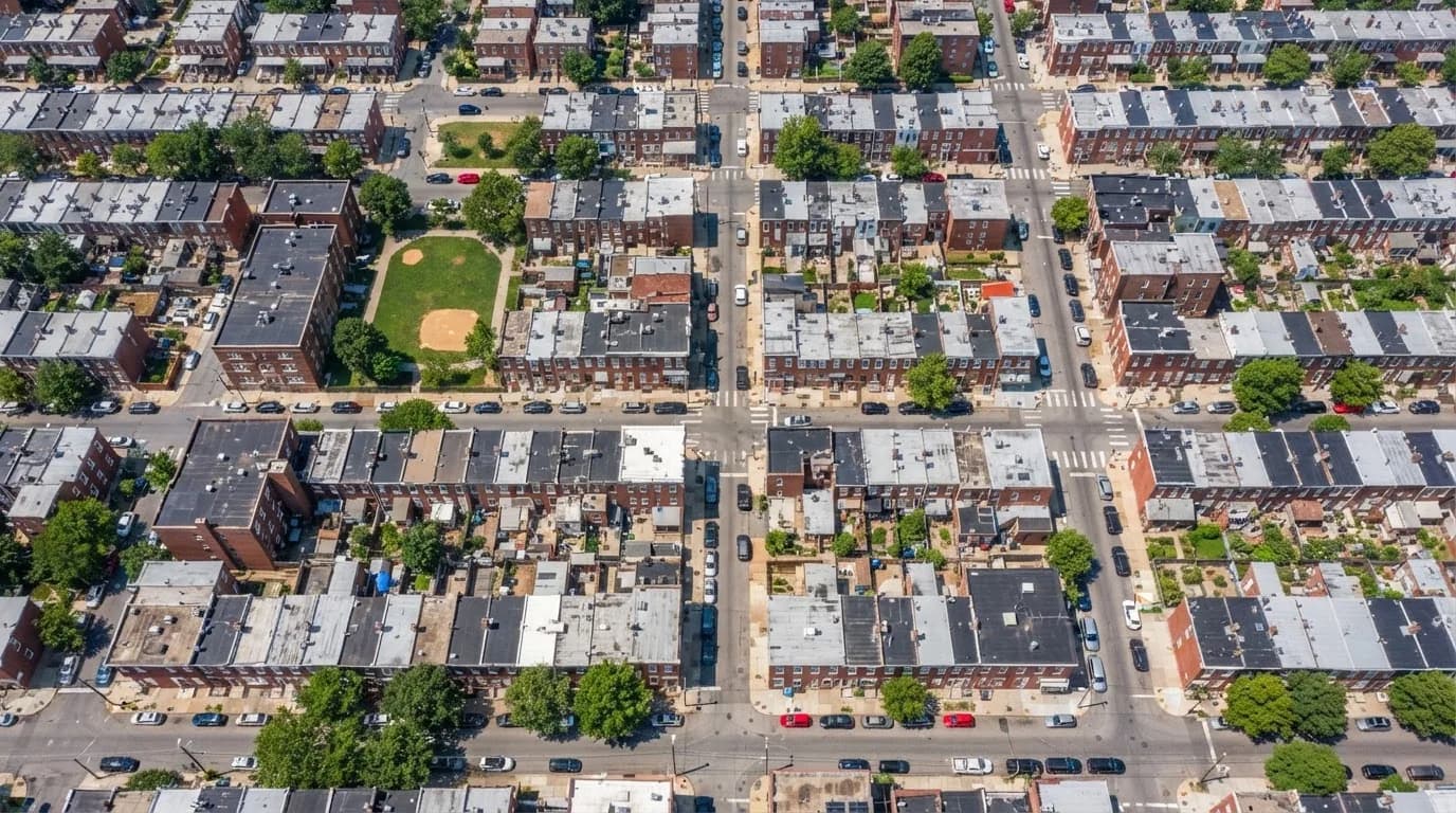 Aerial view of South Philadelphia rowhouse blocks